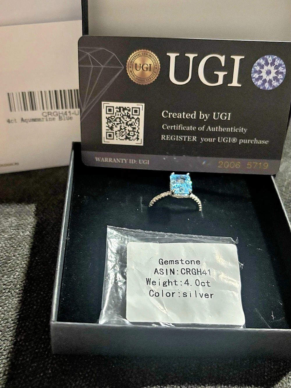 UGI 4ct Aquamarine Blue Radiant Cut Sterling Silver Ring